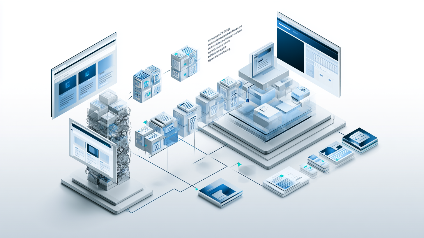 Abstract CMS modernization architecture with content blocks becoming a cleaner web platform.